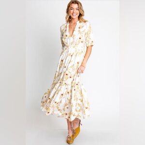 Floral Cream Maxi Dress Womens Pintuck Ruffle Flowy Feminie Tiered Cottagecore